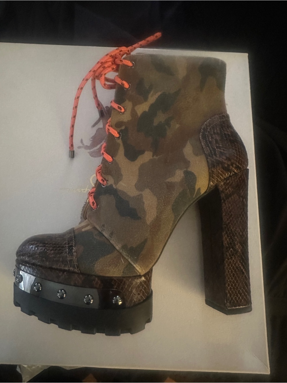 Jessica Simpson Camouflage Lace-Up Platform Ankle Boots with Orange Laces